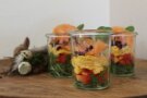 Gläser mit Rührei und Lachs auf Gemüse