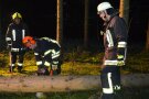 Feuerwehrleute durchtrennen einen Baumstamm