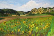 Pastellgemälde mit den Trockenmagerrasen – Hängen und im Vordergrund ein Sonnenblumenfeld