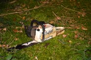 Motorsäge liegt auf dem Waldboden