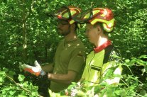 zwei Männer mit Arbeitsschutzhelm stehen im Wald