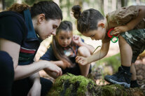 Kinder suchen Insekten im Waldboden