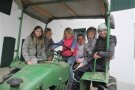 Sechs Kinder sitzen auf einem Traktor