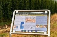 Schild über Biodiversität im Hopfenbau vor Hopfengarten