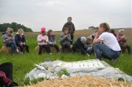 Kinder sitzen im Halbkreis auf Strohballen auf einer Wiese, eine Landwirtin erklärt etwas
